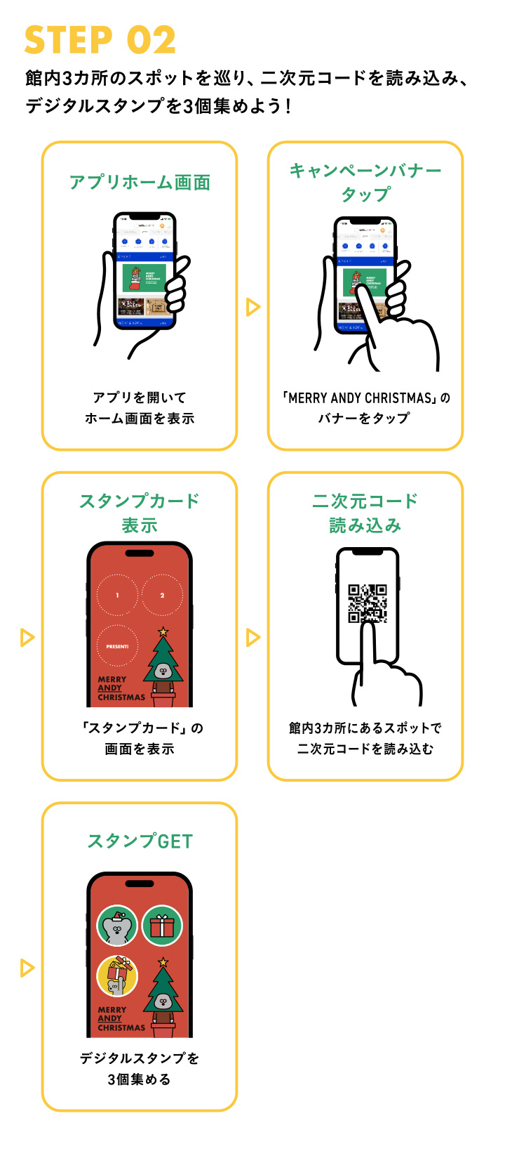 館内3ヵ所のスポットを巡り、二次元コードを読み込み、デジタルスタンプを3個集めよう！
